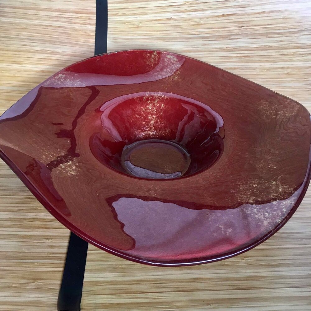 Large Round Glass Red and Gold Decorative Bowl